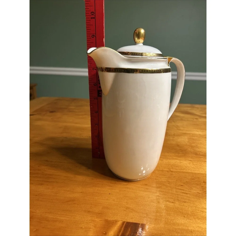 Vintage White Porcelain Coffee Pot Gold Black Greek‎ Key Trim Gilded Tea Server